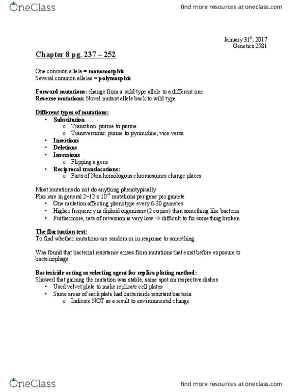 Biology 2581B Chapter Notes - Chapter 8 (Kolhami): Replica Plating, Bactericide, Purine thumbnail